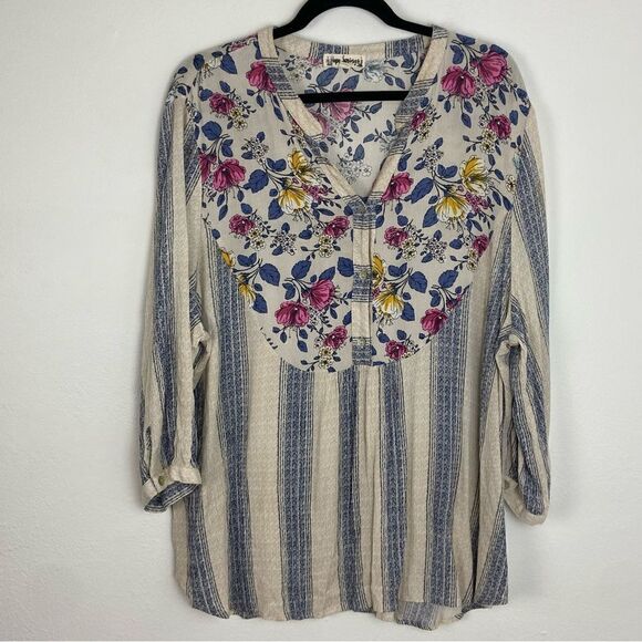 Hope Springs Women’s Blue & Cream Pleasant Top Striped Floral Boho Hippie 2XL - Picture 1 of 13